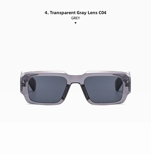 Detailed view of square transparent grey sunglasses with C04 grey lenses