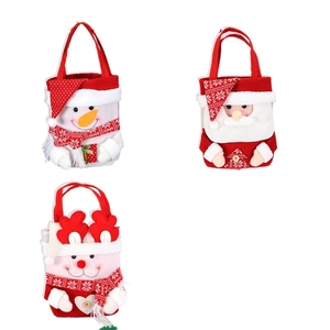 Three festive Christmas gift bags featuring cartoon Santa, Snowman, and Reindeer designs