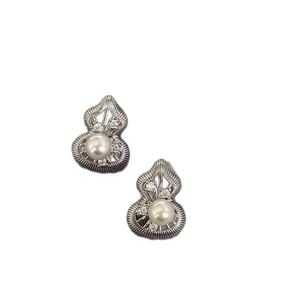 Silver geometric gourd stud earrings with white pearl and sparkling rhinestones