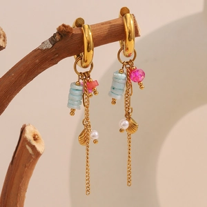 18K gold plated stainless steel hoop earrings with natural stones and tassel charms