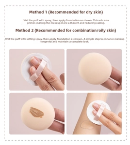 Macro detail of round cushion puff showing soft texture and spray application method