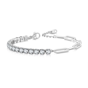 Silver paperclip link tennis bracelet with round cubic zirconia and adjustable chain