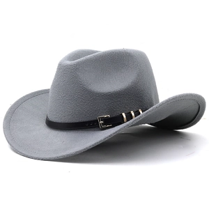 Detail of grey wool cowboy hat featuring a black leather band and metallic buckle