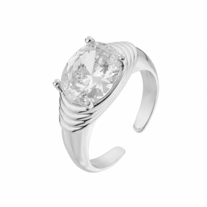 Macro shot of silver adjustable ring with oval cubic zirconia and textured band