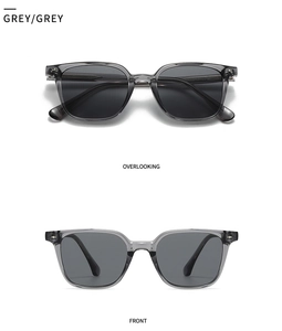 Front and top view of modern square sunglasses with translucent grey frames and dark lenses