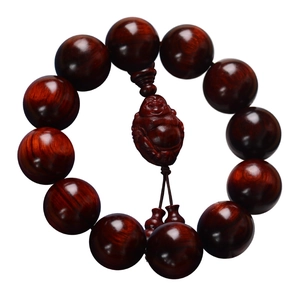 Red sandalwood prayer beads with Maitreya Buddha pendant on a clean white background