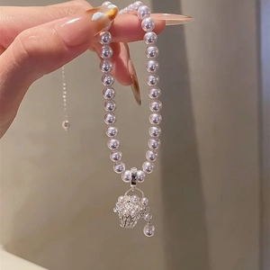 Elegant Artificial Pearl Necklace With Hollow Flower Basket Pendant Alloy Rhinestone French Style Vintage Jewelry For Women