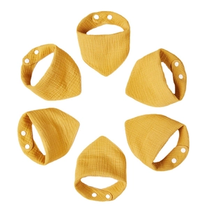 6-pack of mustard yellow cotton muslin baby bibs with adjustable snap buttons