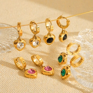 18K gold-plated stainless steel hoop earrings with heart-shaped multi-color zircon charms