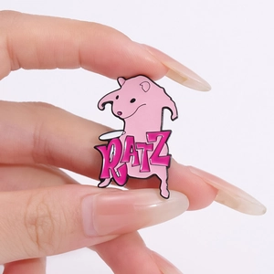Pink cartoon enamel pin with RATZ text design made of polished alloy and enamel