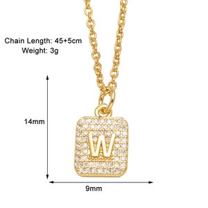 Macro shot of 14mm square pendant necklace with cubic zirconia and letter W detail