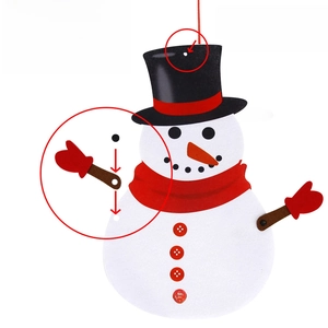 DIY Christmas felt snowman kit showing assembly components and hanging hole details