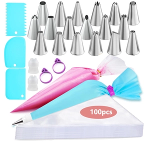 Detailed arrangement of 36 stainless steel piping tips with bags and scrapers set