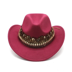 Detail of hot pink felt cowboy hat with feather trim and gold metallic beads