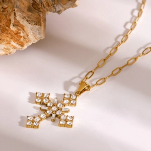 18k gold stainless steel cross pendant necklace with white zircon stones for women