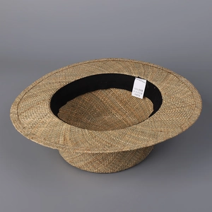 Handwoven natural grass flat top boater hat with black inner sweatband for women