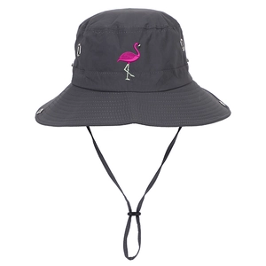 Dark grey sun hat with pink flamingo embroidery and adjustable chin strap
