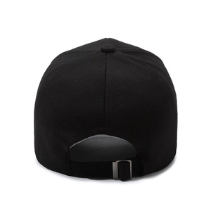 Rear view of black baseball cap with adjustable metal buckle on breathable fabric