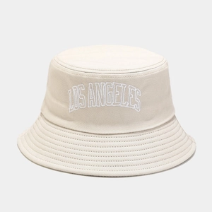 Beige cotton bucket hat with white Los Angeles embroidery and reinforced brim stitching