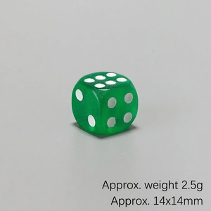 Macro shot of 14mm green transparent resin dice showing weight 2.5g and precise dimensions