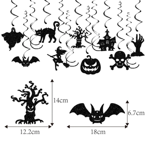Glittery black Halloween hanging swirl decorations with ghost, pumpkin, and bat cutouts