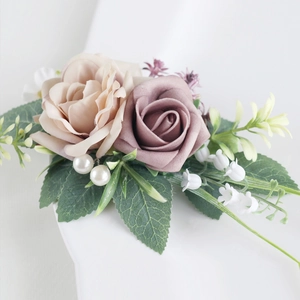 Champagne and dusty rose artificial flower wrist corsage with white pearls for weddings