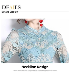 Detailed view of floral lace embroidery and button collar on a blue A-line dress
