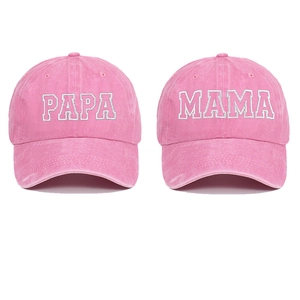 Matching pink cotton baseball caps with PAPA and MAMA embroidery in American college style