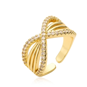 Elegant gold-plated geometric open ring featuring a crisscross design with zircon accents