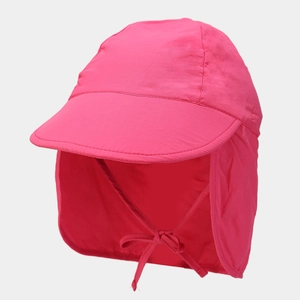 Detail of pink kids sun hat featuring a wide brim and full neck protection flap