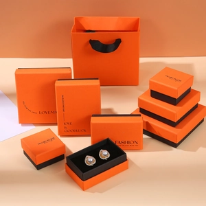 Premium orange drawer jewelry gift box set with matching shopping bag for necklaces