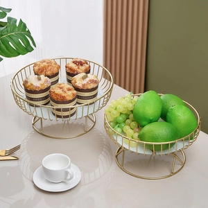 Nordic gold metal wire fruit baskets set with white base for desserts and fresh fruits