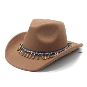 Brown wool felt western cowboy hat with bohemian colorful beaded tassel and ethnic band