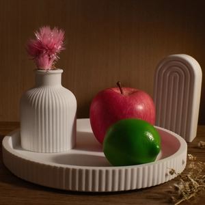 Minimalist white resin striped tray, flower vase and arch stand set for DIY home decor