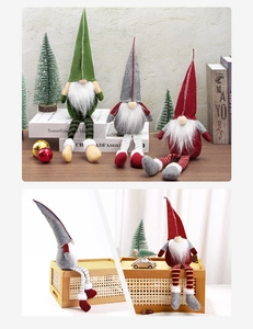 Detailed view of red, green, and grey Christmas gnomes with long legs and plush hats