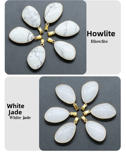 Close-up of teardrop howlite and white jade pendants with gold metal edging detail