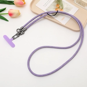 Universal purple woven crossbody phone lanyard with metal clasp and clear patch