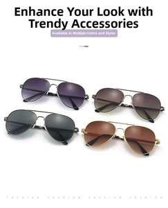 Close-up of four colored aviator sunglasses including purple and brown gradient lenses