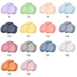 Silicone divided baby plate set with suction base shown in 14 various pastel colors