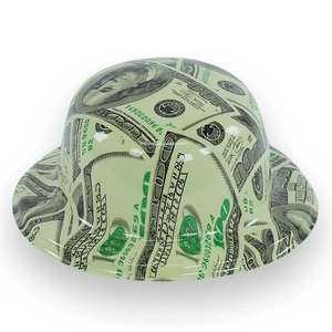 Detailed view of plastic top hat featuring dollar bill print and glossy green finish