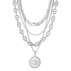 Layered silver titanium steel necklace featuring a round bee pendant and butterfly coin