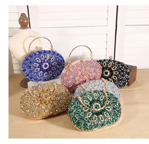 Collection of luxury oval evening bags with sunflower rhinestone patterns in six colors