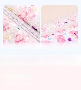 Close-up of smooth zipper closure and delicate lace trim on floral quilted cotton bag
