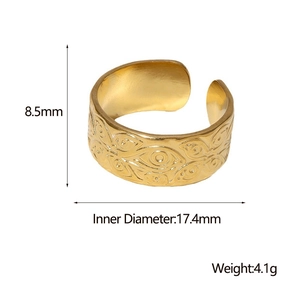 Detailed view of golden stainless steel eye ring showing 8.5mm width and 17.4mm diameter