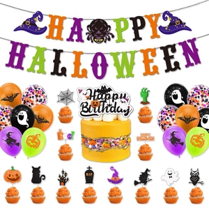 Detailed Halloween party set with Happy Halloween banners, cake toppers, and colorful balloons