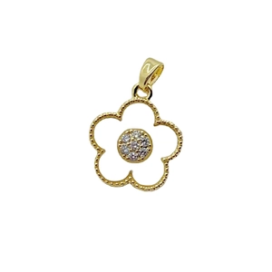 Golden five-petal flower pendant necklace with sparkling diamonds and beaded edges