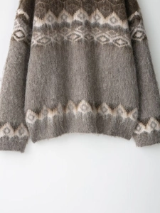 Close-up of brushed jacquard knit sweater showing fluffy mohair texture and geometric patterns
