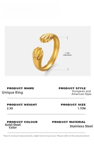 Macro detail of gold-plated stainless steel hug ring showing size and weight specifications