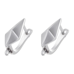 Macro shot of silver geometric diamond-shaped hollow leverback earrings on white background