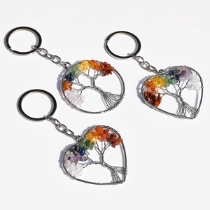 Natural crystal tree of life keychain set with colorful raw stones in silver wire wrap